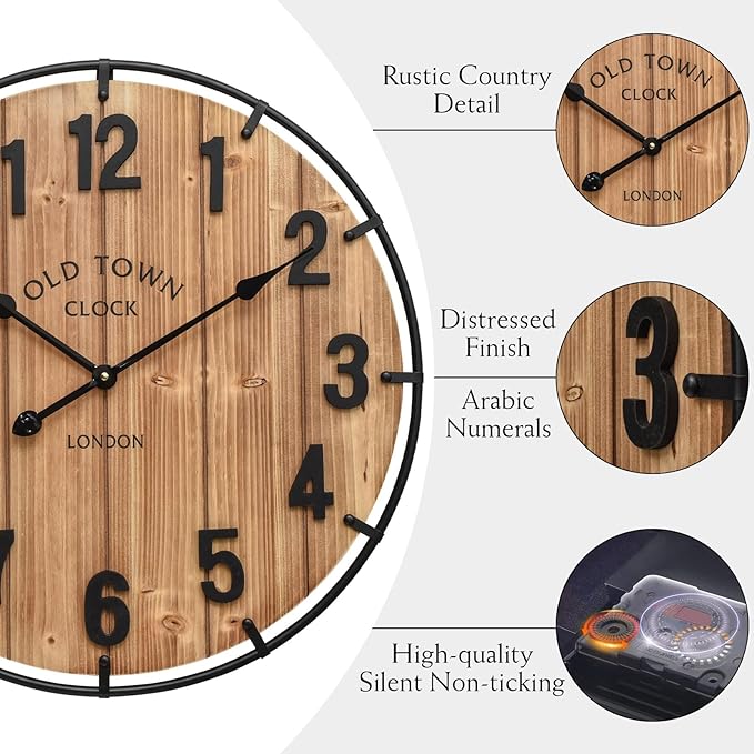 Large Old Town Farmhouse Wall Clock 24 Inch Rustic Antique Wood with Metal Circle and Large Numerals Silent Battery Operated Wall Clock for Office Kitchen Bedroom Living Room