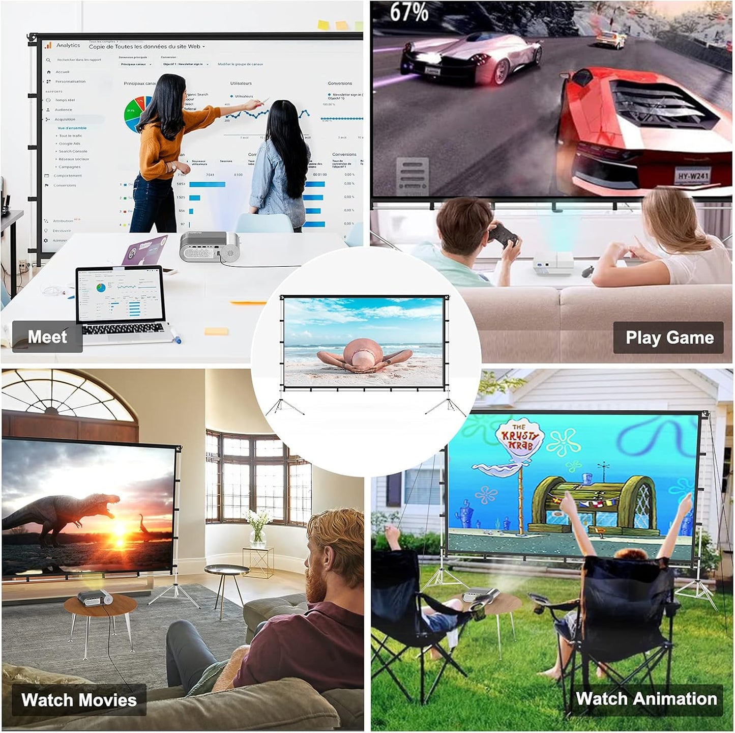Projector Screen with Stand, Vamvo 100 inch Portable Foldable Projection Screen with Aluminum Alloy Stand Outdoor Movie Screens with Carrying Bag for Home Theater Camping and Recreational Events