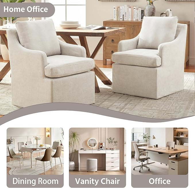 VKNOW Upholstered Dining Chairs Set of 2, Modern Kitchen Chairs Dinner Chairs with 4 Casters, Linen Armchair for Bedroom Reading Room Living Room, Beige