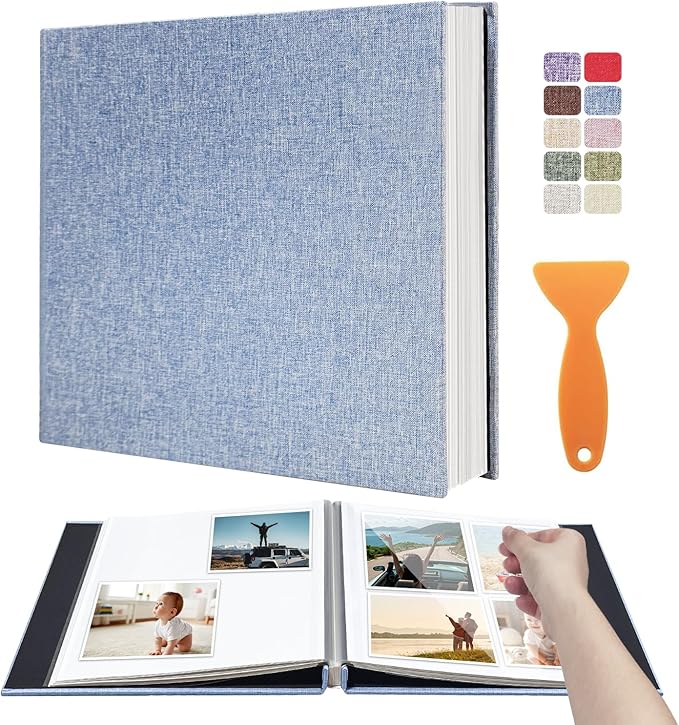 Photo Album Scrapbook â Holds 4x6, 5x7 & 8x10 Pictures â Self-Adhesive Pages for Baby, Wedding, Travel & Family Memories | Includes Metallic Pen & Scraper/Light Blue Large DIY Memory Book for Gifts