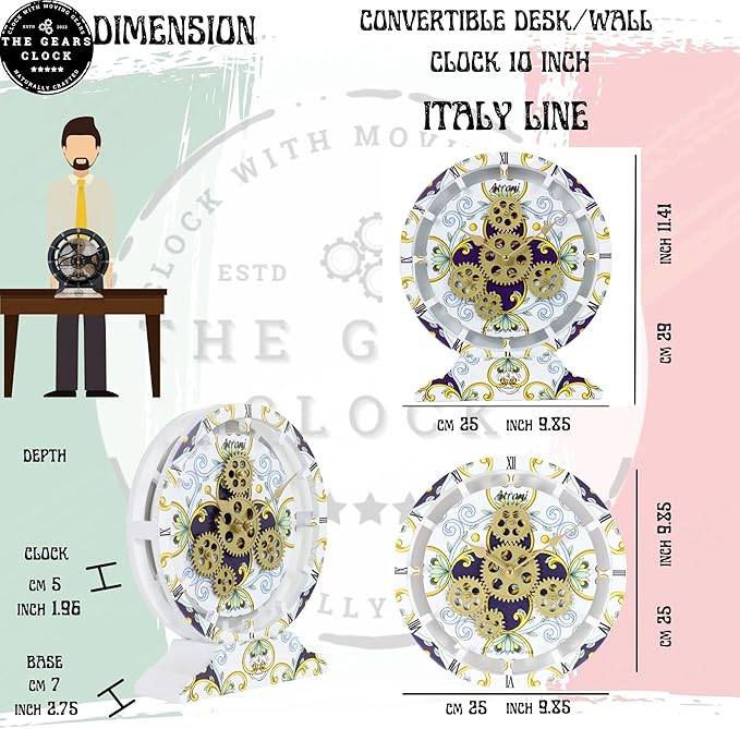 The Gears Clock Wall Clock Italy Collection with Moving Gears (Ravello, 10 inch Round)
