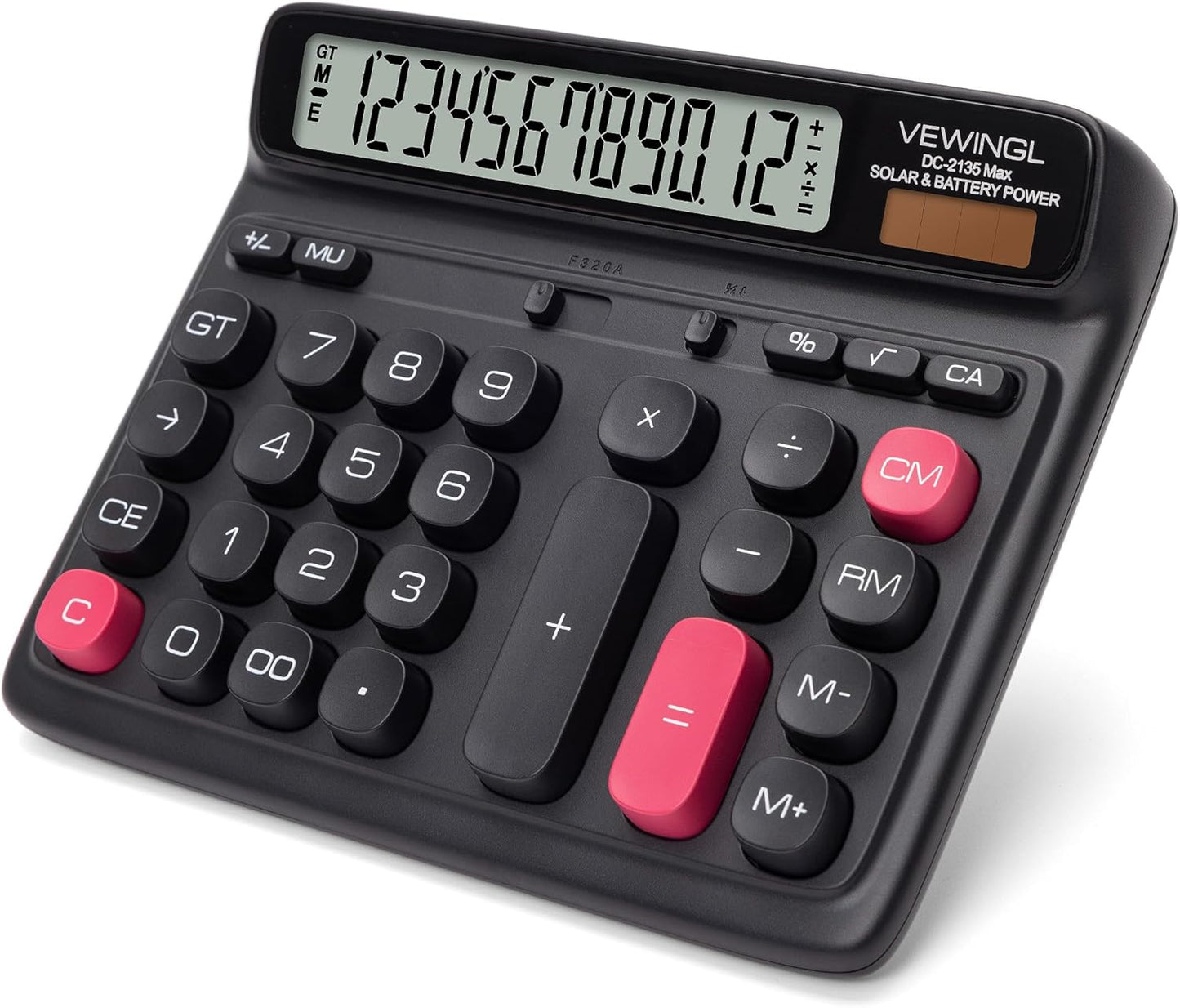 VEWINGL Desktop Calculator, 12-Digit Large LCD Display, Big Computer-Style Keys, Dual Power (Solar & Battery), Auto Sleep Mode, for Office, School, Home & Business 7.5â³ x 6.1â³ (Black, L)