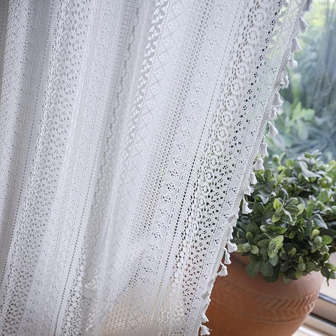 Sutuo Home Boho Curtains 120 inches for Bedroom Living Room Patio Doorway, Crochet Lace Sheer Bohemian Extra Long with Tassels,Window Treatment Drape, Single 1 Panel 59" W x 120" L, White