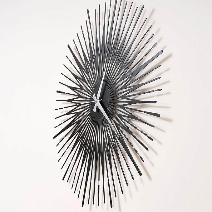 Sun Rays Wall Clock, Large Metal Decorative Wall Clock, Modern Minimalist Wall Decor (Silver, Medium)