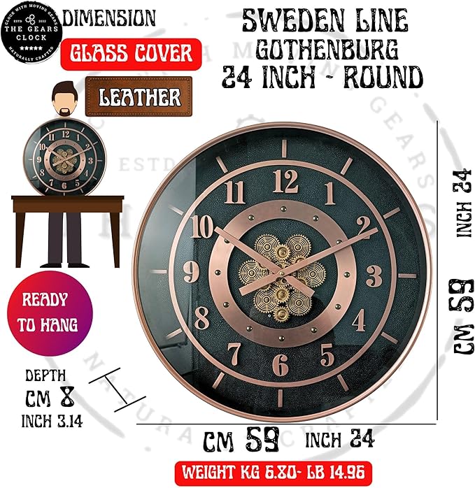 THE GEARS CLOCK 24'' Inch Real Moving Gear Wall Clock Sweden Line Gothenburg (24 inches (59 cm))