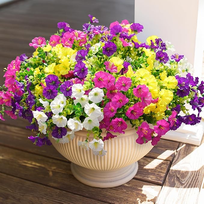 Artificial Flowers for Outdoors Fake Plants Outside Decoration, 12 Bundles Silk Colorful Morning Glory with Eucalyptus UV Resistant Realistic Faux Flowers for Planter Front Door Garden Yard