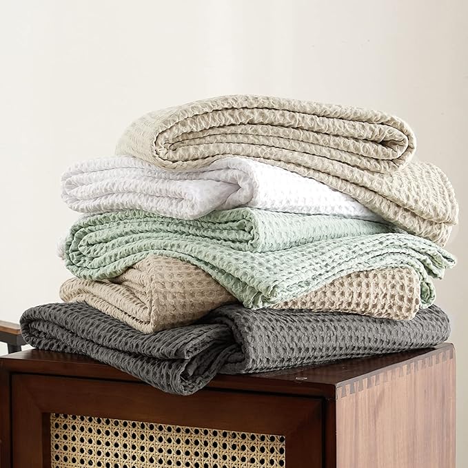 PHF Ultra Soft Waffle Weave Throw Blanket 50"x 60"- Washed Lightweight Breathable Cozy Woven Blanket for Bed - Aesthetic Decor for Couch Bedding Sofa Home Car - Khaki
