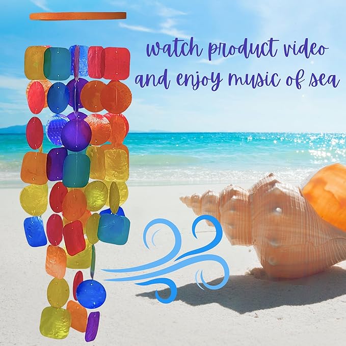 Bellaa 22890 Wind Chimes Outdoor, Garden Decorations, Musical, Indoor/Outside Windchimes, Beach, Ocean Breeze, Gifts for Mom, Gift for All Occasions, Capiz Sea Glass Shells Wood 27 inch Rainbow