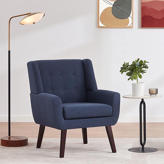 HUIMO Accent Chair Living Room Chair, Upholstered Button Tufted Armchair, Linen Fabric Sofa Chairs for Bedroom, Living Room, Mid Century Modern Comfy Reading Chair (Dark Blue)