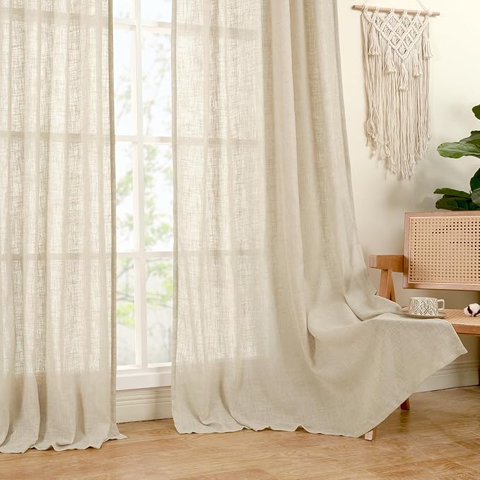 LAMIT Linen Curtains 72 inches Long for Living Room, Soft Thick Linen Semi Sheer Light Filtering Bronze Grommet Window Treatments Neutral Drapes for Bedroom, 2 Panels Set, 52 x 72 Inch