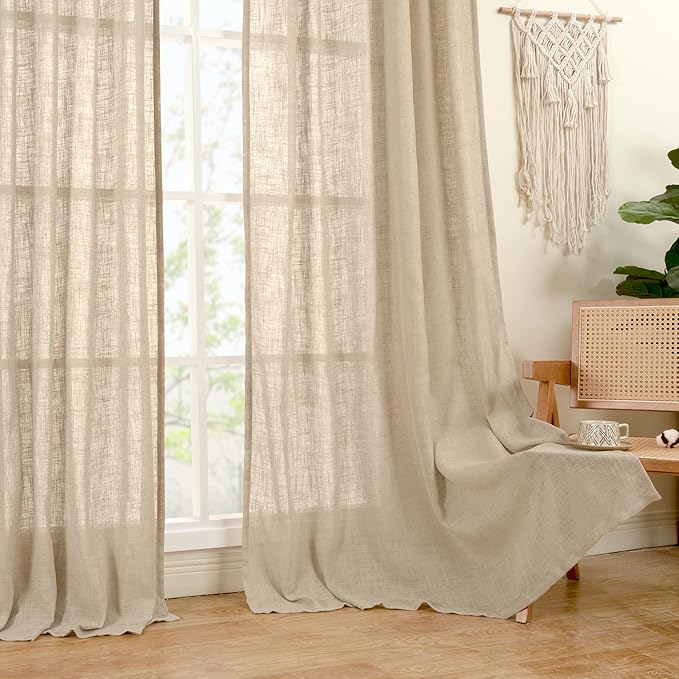LAMIT Brown Sheer Linen Curtains 48 inches Length 2 Panels, Short Light Filtering Linen Textured Curtains for Kitchen/Window/Cafe/Loft Room, 34 x 48 Inch