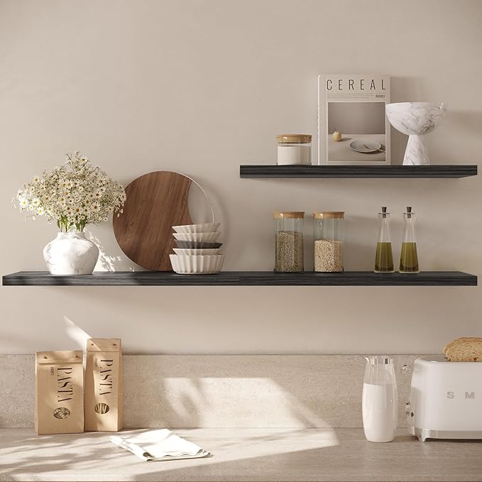 Wall Shelf Set of 2,Dark Wood Floating Shelves 24 in W x 10 in D x 1 in H, Wooden Floating Wall Shelf with Invisible Brackets for Living Room/Bedroom/Bathroom/Kitchen Storage and Decor