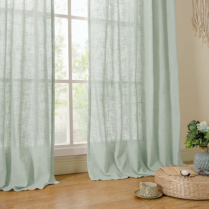 LAMIT Living Room Linen Curtains 95 Inch for Bedroom, Bronze Grommet Linen Textured Sheer Curtains Light Filtering Burlap Drapes for Farmhouse, 2 Panels, 52 x 95 Inch, Light Sage