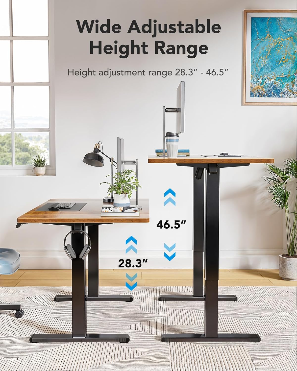 HUANUO 55 x 24 inch Electric Standing Desk, Height Adjustable Table with Headphone Hooks & Cable Manager, Sit to Stand up Desk for Home Office, Vintage Brown