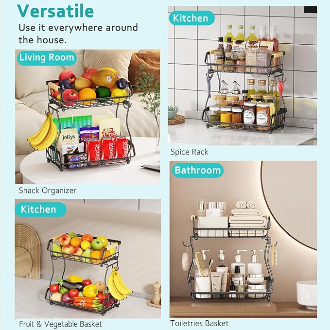 2 Tier Fruit Basket with 2 Banana Hangers, Detachable Countertop Fruit Bowls for Kitchen Counter, Metal Wire Fruit Vegetable Storage Holder Stand with Wooden Handles for Bread, Snacks, Veggies