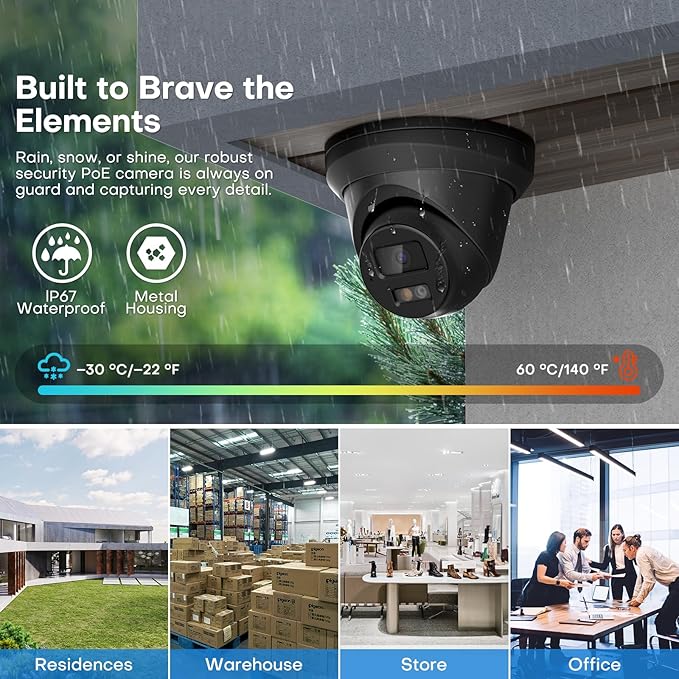 4K IP PoE Camera Outdoor, 8MP PoE Camera Black with Mic/Audio, 98ft IR/Color Night Vision, Human & Vehicle Detection, 127ยฐ FOV, MicroSD (256GB)