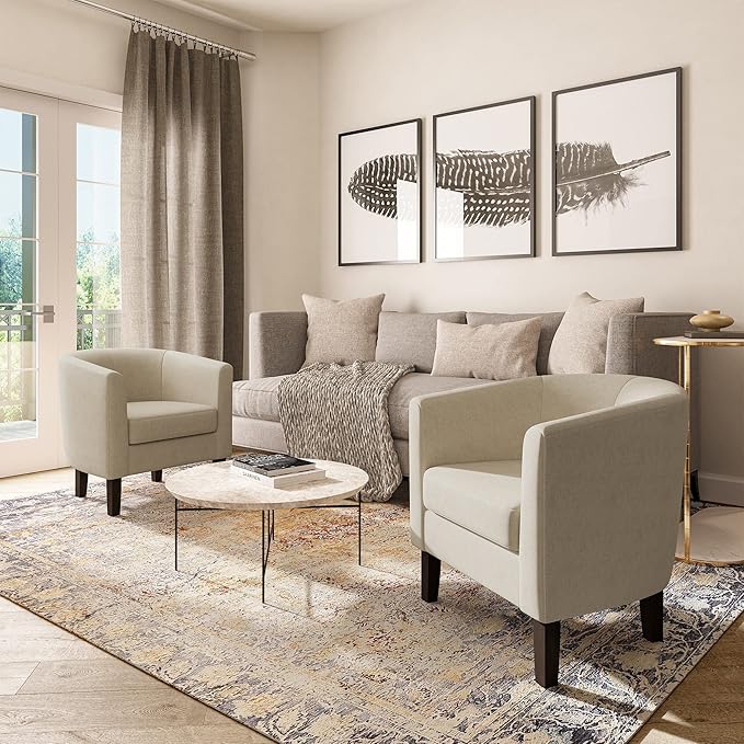 BELLEZE Accent Barrel Chair, Set of 2 Faux Leather Round Club Tub Sofa Corner Chair with Flared Legs and Cozy Soft Padding for Living Room Bedroom Waiting Room - Beige