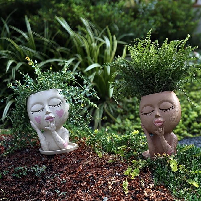 Face Flower Pots Head Planter, Cute Resin Planters for Indoor Outdoor Plants, Macetas para Plantas Unique Head Plant Pot