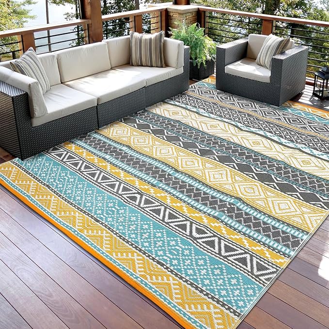 GAOMON Outdoor Rugs Patio Camping Waterproof Rug 6'x9' Plastic Straw Patio Rug Portable for Campers, Outside RVs Mat for Patios Clearance, Backyard Porch, Balcony, Teal/Yellow(Bohemia)