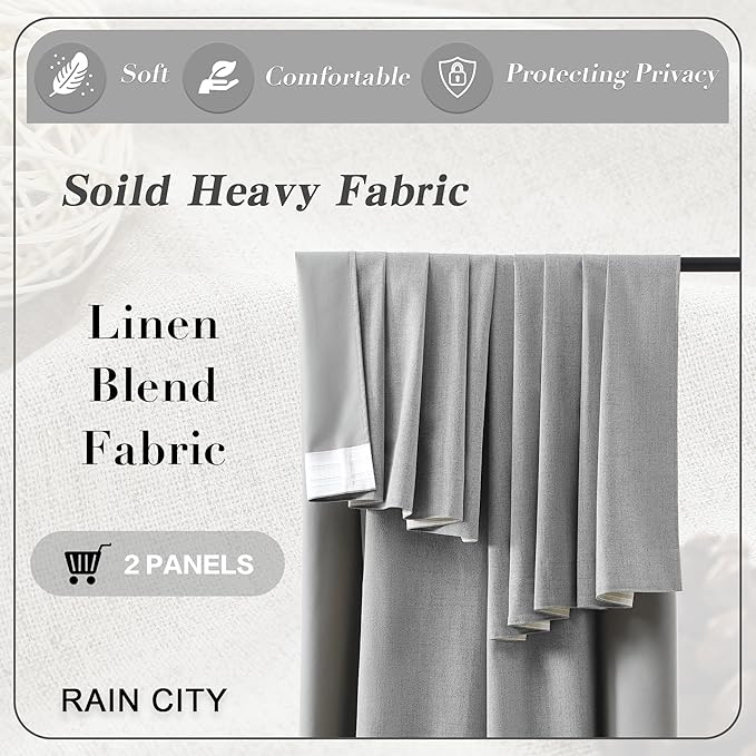 RAIN CITY 102 Inch Long Blackout Curtains 2 Panels Set,70 Inch Wide Back Tab Pleated Curtains with Hooks Track System,Energy Efficinet Linen Blend Drapes for Dining Room Hoom Office 70x102,Grey