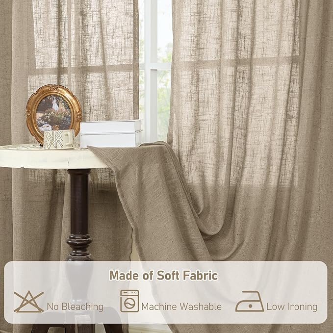 LAMIT Taupe Linen Curtains 72 Inch Length for Bedroom Living Room, Linen Textured Window Drapes Semi Sheer Light Filtering Bronze Grommet Burlap Look Farmhouse Country Decor, 2 Panels, 52 x 72 Inch