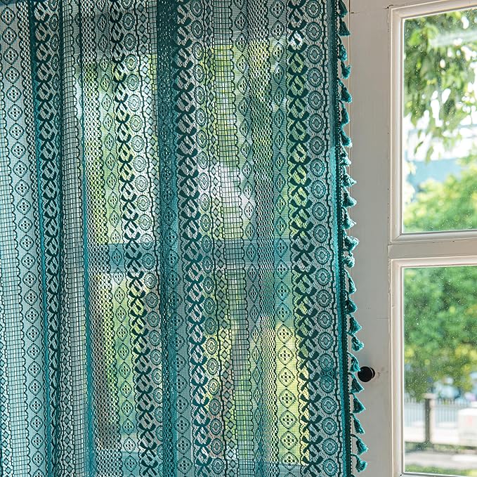 Sutuo Home Boho Curtains Crochet Lace Sheer Bohemian Hollow Knitted with Tassels, Window Treatment Privacy Vintage Rustic Farmhouse Drapes for Bedroom, Rod Pocket 1 Panel 59" W x 63" L, Turquoise
