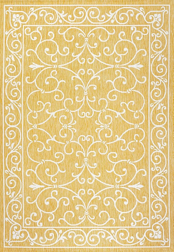 JONATHAN Y Vintage Filigree Indoor Outdoor Area Rug 9X12 Yellow/Cream, Charleston Textured Weave for Backyard, Patio, Porch, Easy-Cleaning, High Traffic, Pet-Friendly, Non-Shedding (SMB106L-9)