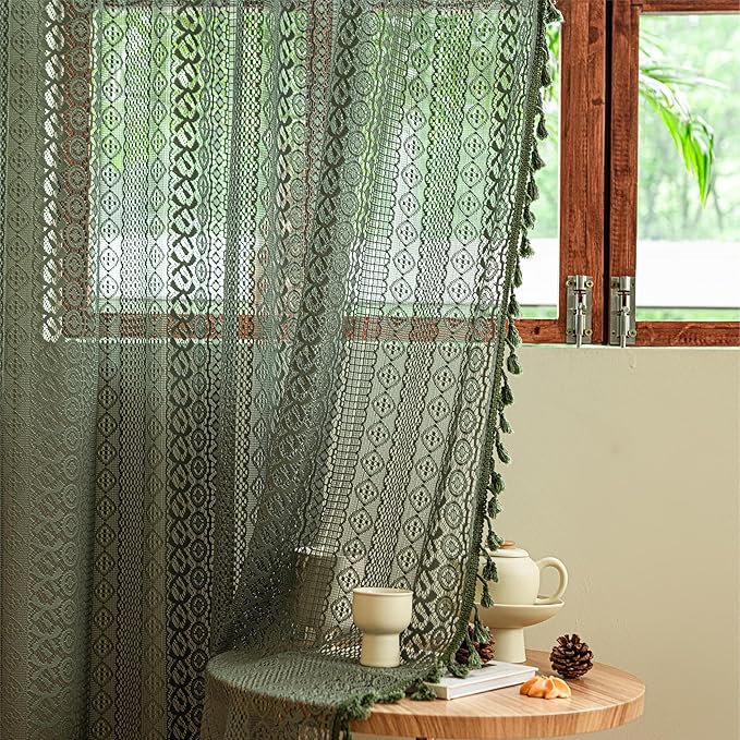 Sutuo Home Olive Green Boho Curtains 90 inches, Crochet Lace Sheer Bohemian Hollow Knitted Handmade Tassels, Privacy Vintage Farmhouse for Bedroom Living Room Easter Decor, 1 Panel 59" W x 90" L