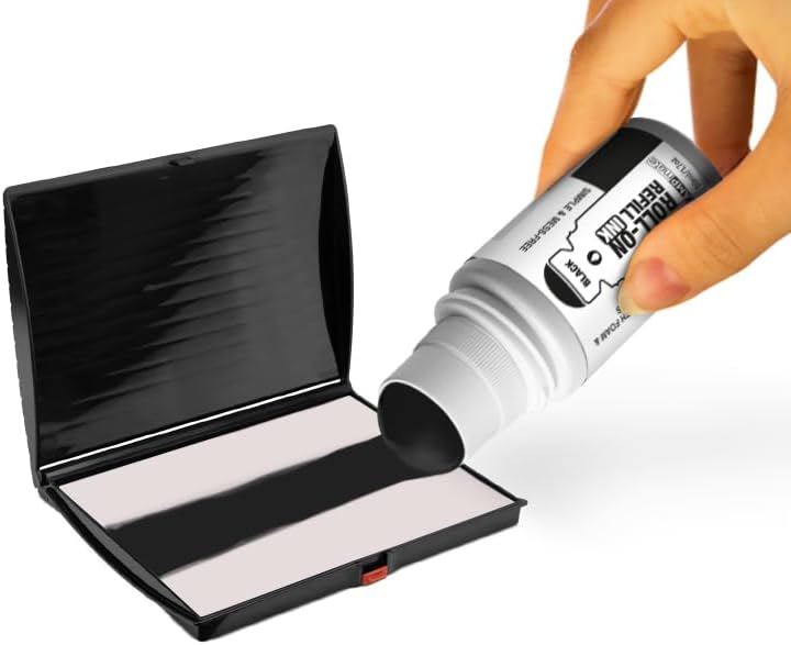 Roll-On Stamp Pad Ink Refill 50ml/1.7oz â Self Inking, Foam & Felt Pads â Easy-Use Roller Ball Applicator (Black)