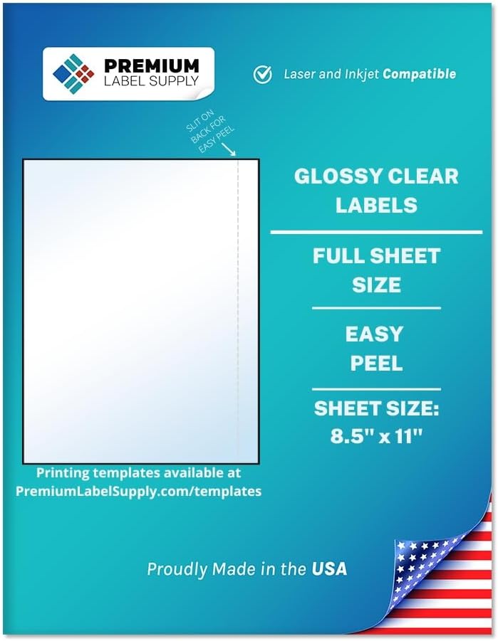 Premium Label Supply Full Sheet Glossy Clear Labels â 8.5" x 11" â Laser/Inkjet Compatible â 1000 Sheets - Letter Size