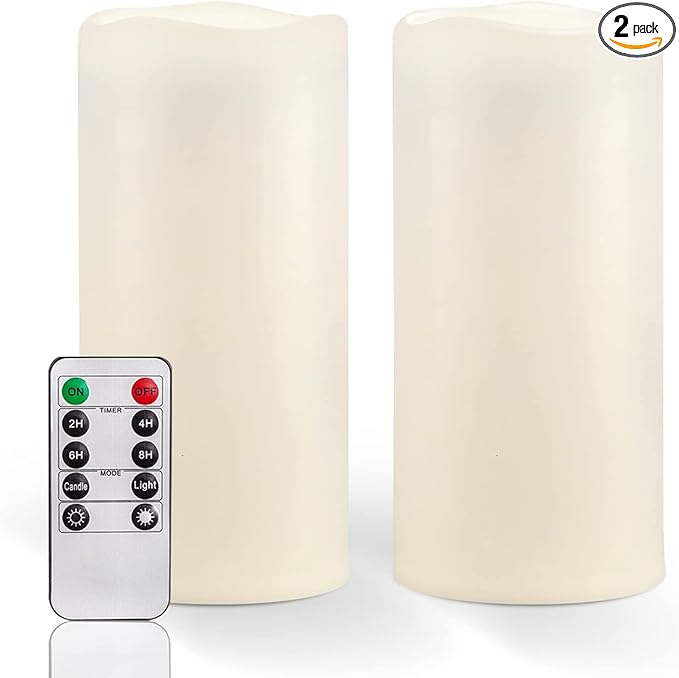 Homemory 8" x 4" Large Waterproof Outdoor Flameless Candles with Remote Control and Timer, Battery Operated Flickering LED Pillar Candles for Indoor Outdoor Lanterns, Porch, Long Lasting, Set of 2