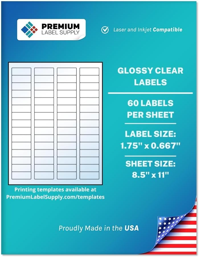 Premium Label Supply Glossy Clear Return Address Labels â 1.75" x 0.6667" â Laser/Inkjet Compatible â (60 per Sheet), 10 Sheets â 600 Total Adhesive Labels