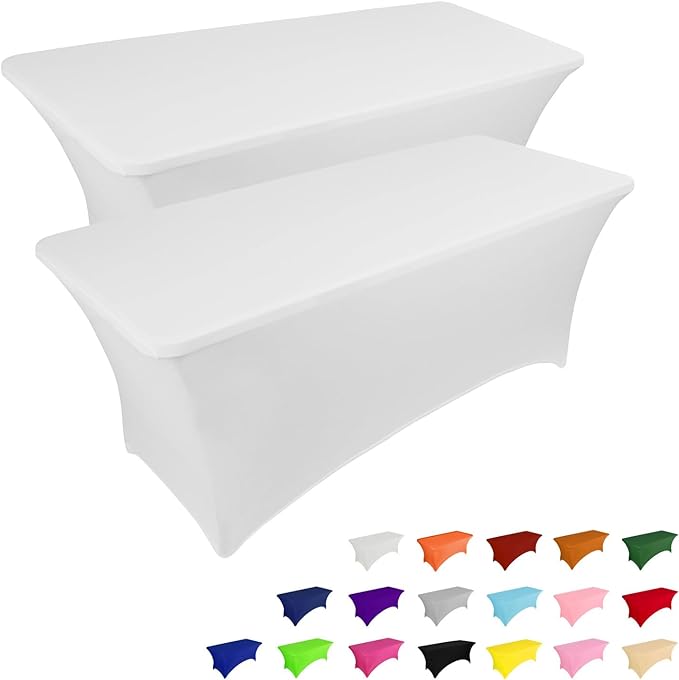 IVAPUPU 2 Pack 8FT Spring Table Cloth for Rectangular Fitted Events Stretch White Table Covers Washable Spandex Tablecloth Protector for Party, Wedding, Cocktail, Banquet, Festival