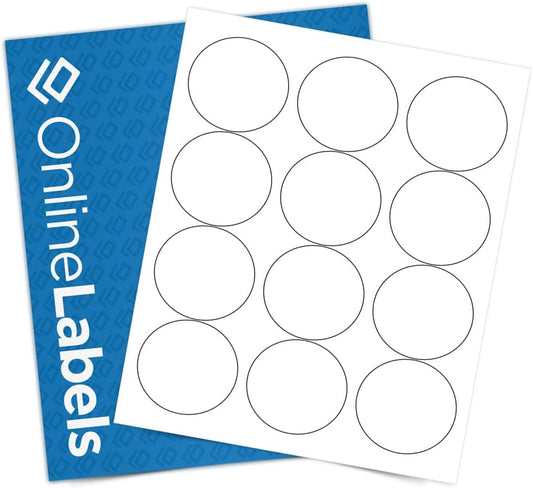 2.5" Round Labels - Permanent Adhesive, White Matte - Great for Candle & Jar Lids, Products, Favor Labels - Pack of 5,000 Circle Stickers, 60,000 Sheets - Inkjet/Laser Printers, OL350WX, OnlineLabels