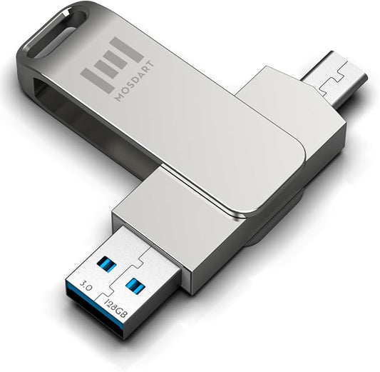 MOSDART 128GB USB3.1 Fast Speed C and A Dual Flash Drive, exFAT Memory Stick with Keychain Loop, for iPhone 15,16,17, Android Phone, iPad, MacBook, Silver