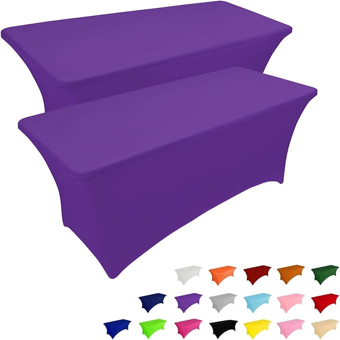 IVAPUPU 2 Pack 4FT Table Cloth for Rectangular Fitted Events Stretch Purple Table Covers Washable Cover Spandex Tablecloth Protector for Party, Wedding, Cocktail, Banquet, Festival