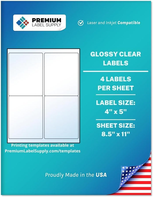 Premium Label Supply Glossy Clear Labels â 4" x 5" â Laser/Inkjet Compatible â (4 per Sheet), 10 Sheets â 40 Total Adhesive Labels