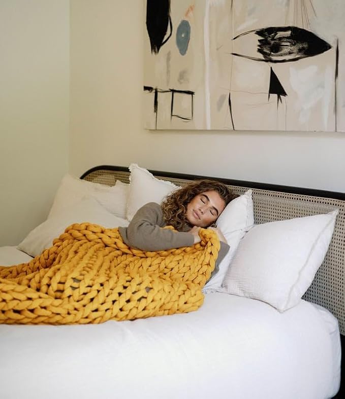 Nuzzie Chunky Knit Blanket - Breathable, Cooling, Hand Made Knit Throw Blanket for Sleep - Machine Washable, Stylish Decor Design (Marigold, Full | 16lbs | 48"x72")