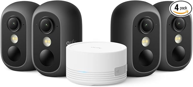 eufy Security eufyCam C35 4-Cam Kit, Wireless Security Indoor/Outdoor Camera, Magnetic Mount, Color Night Vision, Local Storage, No Monthly Fee, IP67, Facial Recognition, Solar Panel Compatible, Black