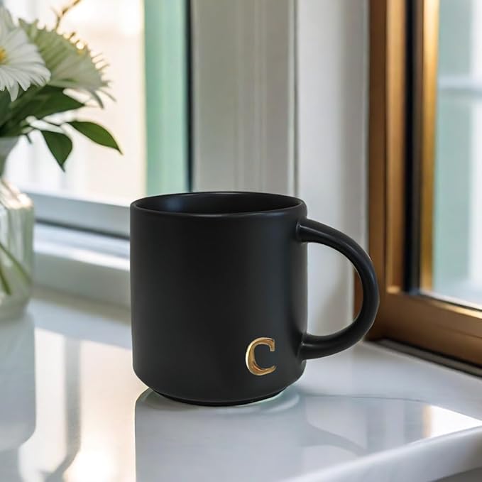 COLLECTIVE HOME - Black Monogram Ceramic Mugs, 15 oz Golden Initial Coffee Cups, Elegant Alphabet Tea Mugs, Personalized Halloween Mug with Gift Box, Perfect for Office and Home Décor (c)