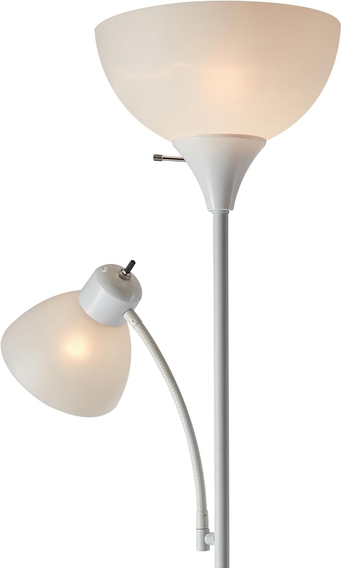 GLOBE Electric 67136 72" Torchiere Floor Lamp with Adjustable Reading Light, Matte White Finish, Frosted Shades, Rotary Switch on Socket, E26 Base