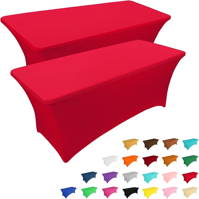 IVAPUPU 2 Pack 8FT Table Cloth for Rectangular Fitted Events Stretch Red Table Covers Washable Cover Spandex Tablecloth Protector for Party, Wedding, Cocktail, Banquet, Festival