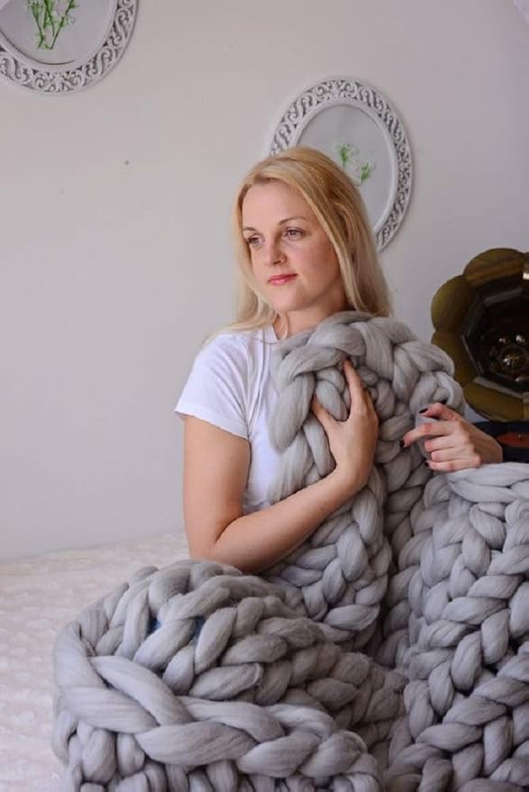 Chunky Knit Blanket Soft Handmade Knitting Throw for Bedroom Sofa Decor Super(Light Gray 47"x60")
