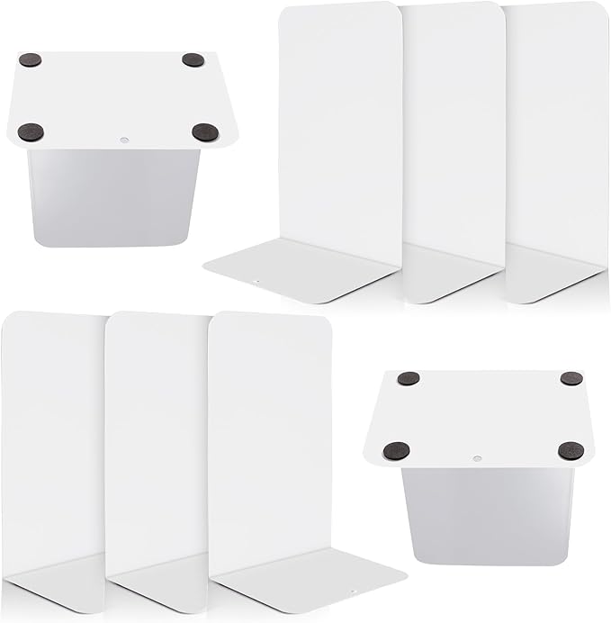 VONDERSO Metal Bookends, 4 Pairs White Metal Book Ends Heavy Duty for Shelves Decor Home Office, Unique White Bookends Supports Anti-Slip for Kids