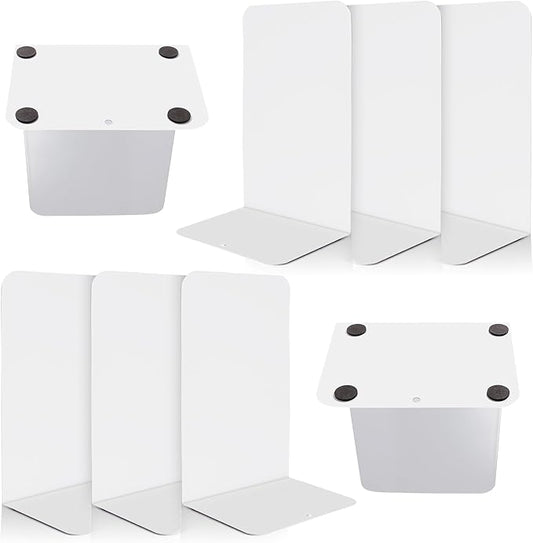 VONDERSO Metal Bookends, 4 Pairs White Metal Book Ends Heavy Duty for Shelves Decor Home Office, Unique White Bookends Supports Anti-Slip for Kids