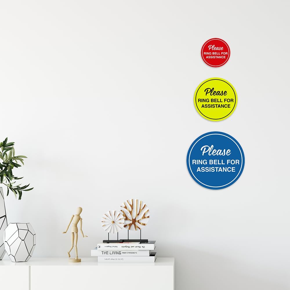 Signs ByLITA Circle Please Ring Bell For Assistance Wall or Door Sign | Easy Installation | Front Desk Reception Sign (Yellow/Black) - Large (5 Pack)