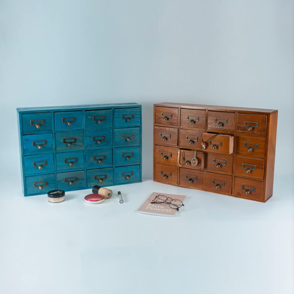 16 Drawers Apothecary Cabinet with Drawers Tabletop Apothecary Chests and Cabinets Library Card Catalog Cabinet Herb Storage Box Wooden Desk Drawer Organizer Medicine Vintage Furniture(BROWN)