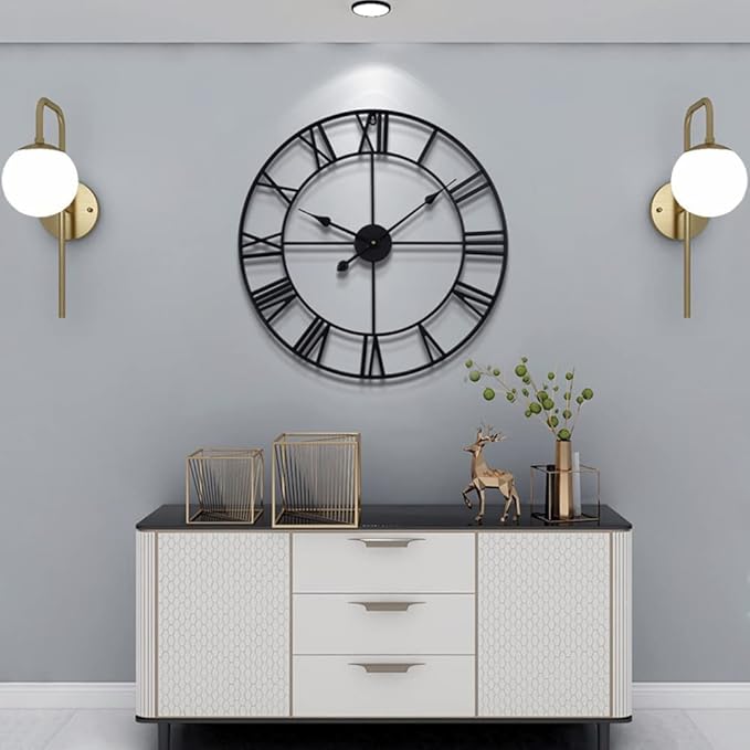 LEIKE Large Wall Clock, 24" Completely Silent, Non Ticking, Battery-Operated,Rustic Round Modern Metal Wall Clock Decor for Living Room, Bedroom and Kitchen, (60cm, Black-Roman Number)