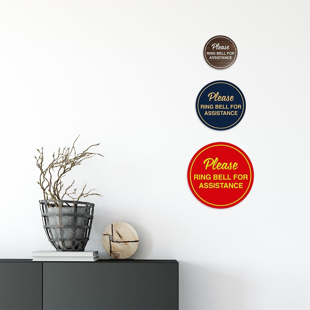 Signs ByLITA Circle Please Ring Bell For Assistance Wall or Door Sign | Easy Installation | Front Desk Reception Sign (Ivory/Dark Brown) - Small (5 Pack)