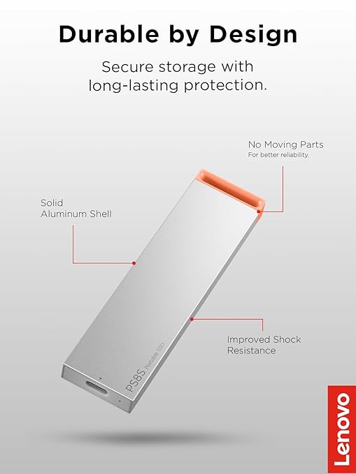 Lenovo PS8S 2TB Portable SSD, Up to 1050MB/s Read, 1000MB/s Write, USB 3.2 USB-C, Slim Lightweight (40g) Aluminum Body, Reliable Storage for PC/Mac & Android